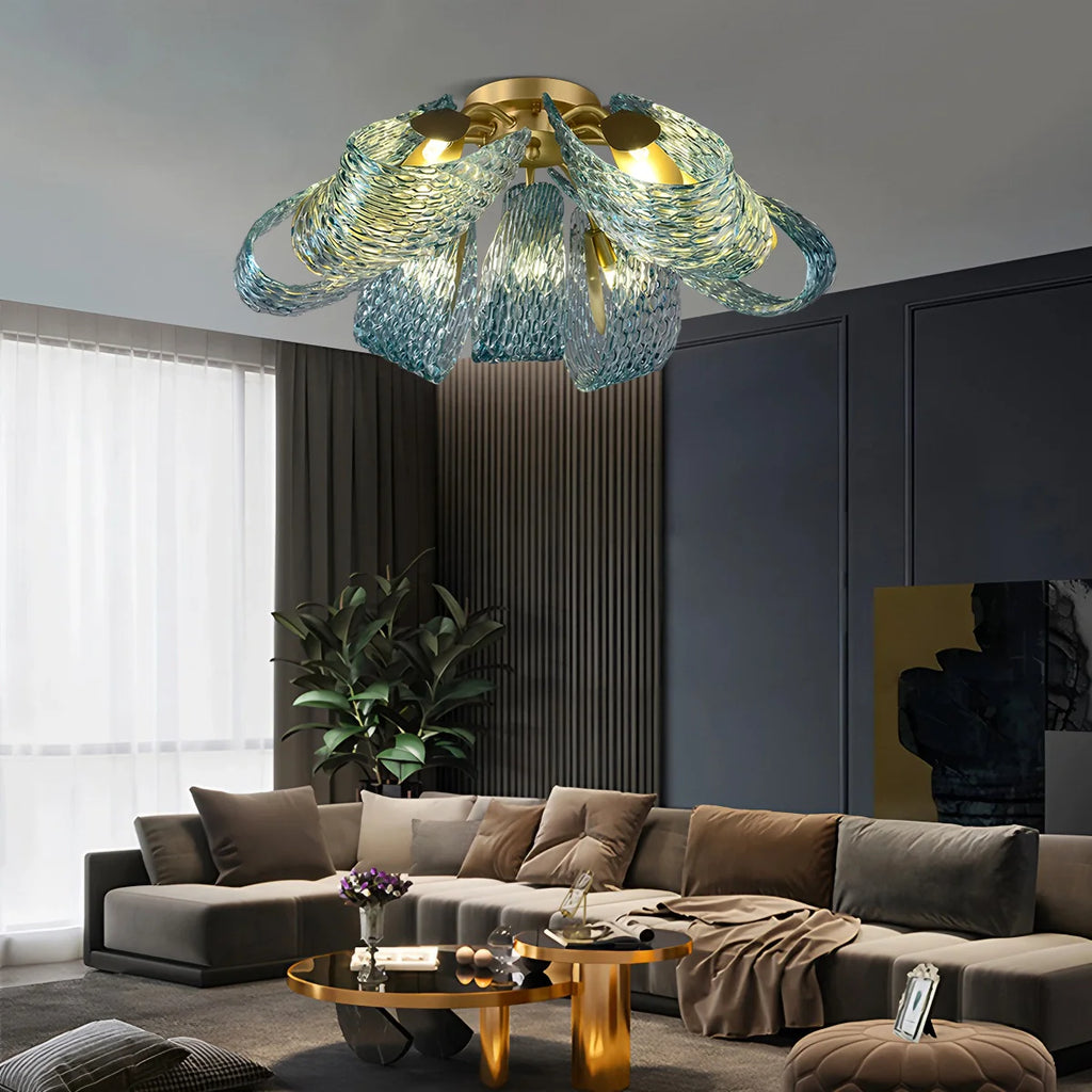 Peacock Blue Art Glass Chandelier - Hand-Blown Rippled Glass Pendant for Luxury Dining Room