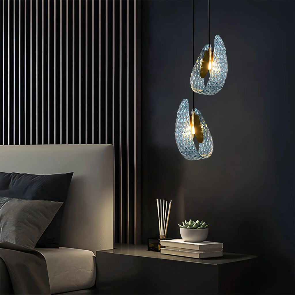 Peacock Blue Art Glass Chandelier - Hand-Blown Rippled Glass Pendant for Luxury Dining Room