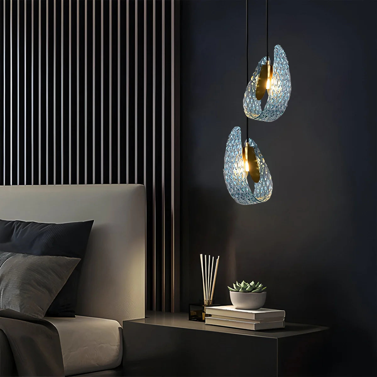 Blue Rippled Glass Chandelier for Dining Room