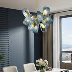 Peacock Blue Art Glass Chandelier - Hand-Blown Rippled Glass Pendant for Luxury Dining Room