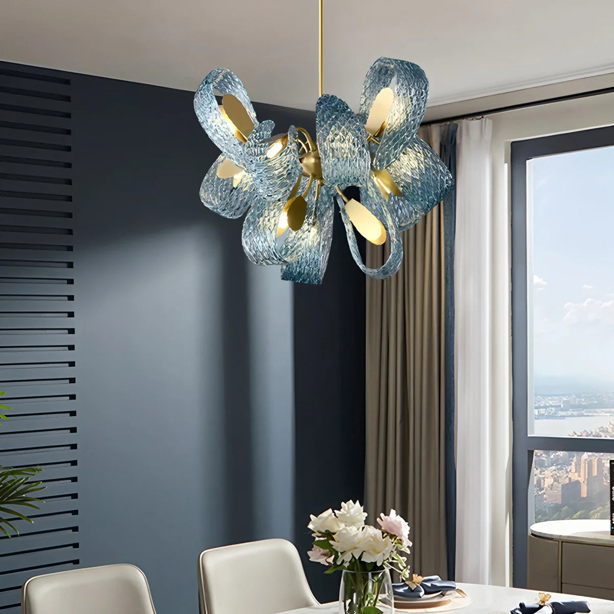 Blue Rippled Glass Chandelier for Dining Room