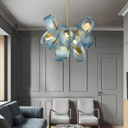 Peacock Blue Art Glass Chandelier - Hand-Blown Rippled Glass Pendant for Luxury Dining Room