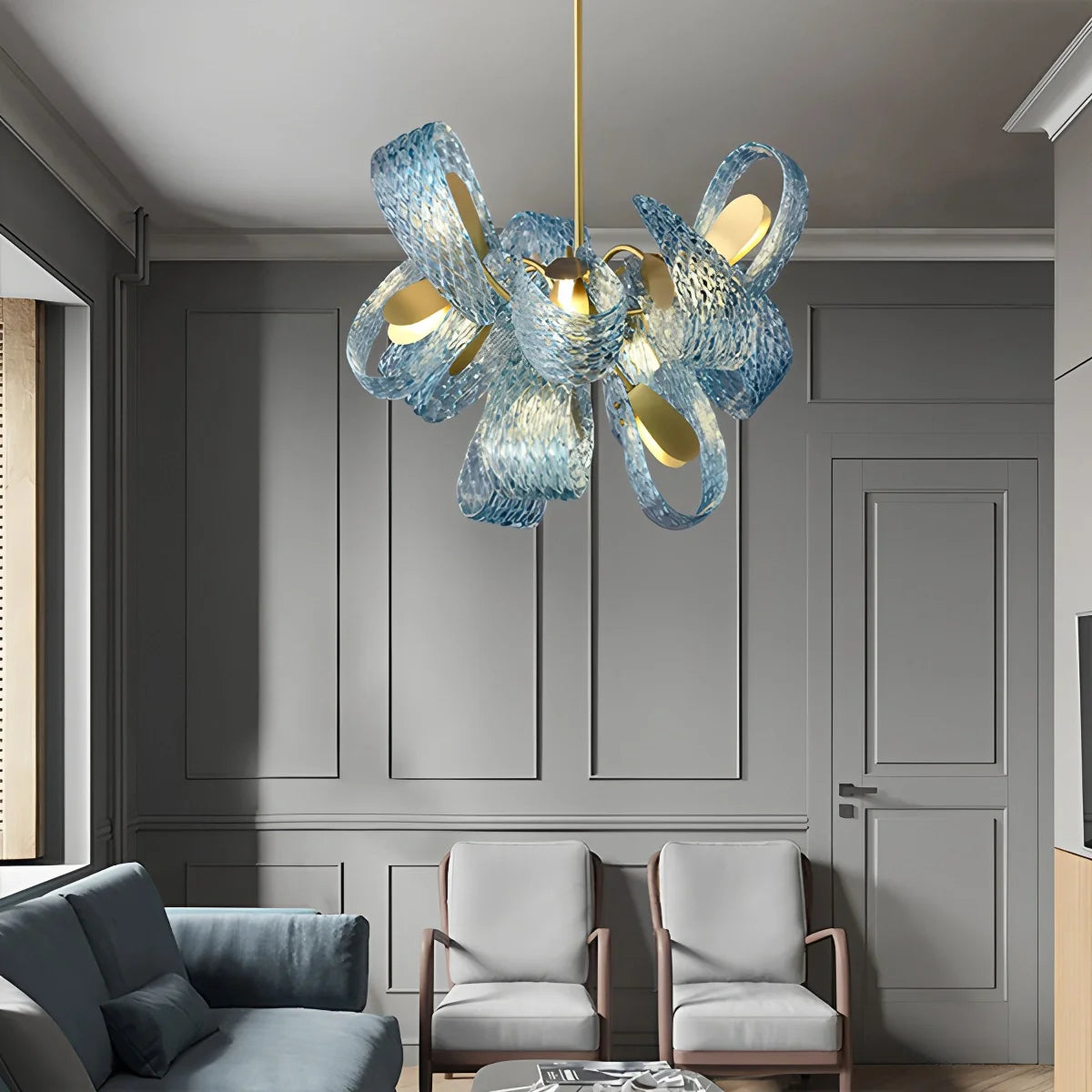Peacock Blue Art Glass Chandelier - Hand-Blown Rippled Glass Pendant for Luxury Dining Room