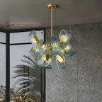 Peacock Blue Art Glass Chandelier - Hand-Blown Rippled Glass Pendant for Luxury Dining Room