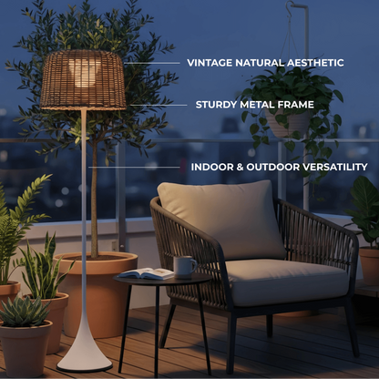 Bamburo Vintage Rattan Solar Outdoor Floor Lamp – Black Metal Hooded Terrace