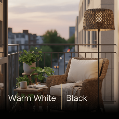 Bamburo Vintage Rattan Solar Outdoor Floor Lamp – Black Metal Hooded Terrace