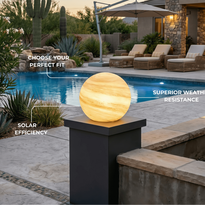 Lunara Art Deco Globe Outdoor Post Light – Moon-Shaped Metal/Glass Solar Pillar Lamp