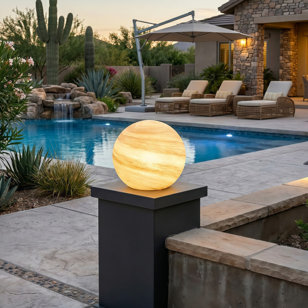 Nuvlight Art Deco Globe Outdoor Post Light – Moon-Shaped Metal/Glass Solar Pillar Lamp