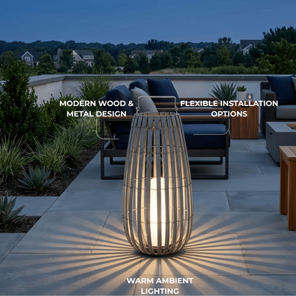 Bamburo Modern Wooden Path Lamp - Brown/Gray Solar Light for Outdoor Garden