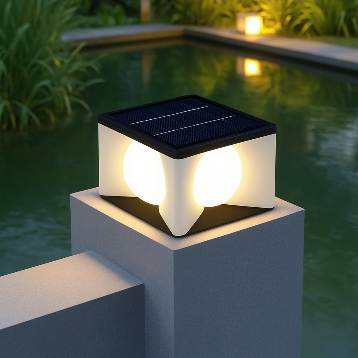 Lunara Art Deco Solar Outdoor Pillar Light - Black Metal Square Moon for Courtyard/Garden