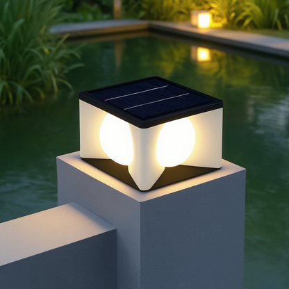 Lunara Art Deco Solar Outdoor Pillar Light - Black Metal Square Moon for Courtyard/Garden