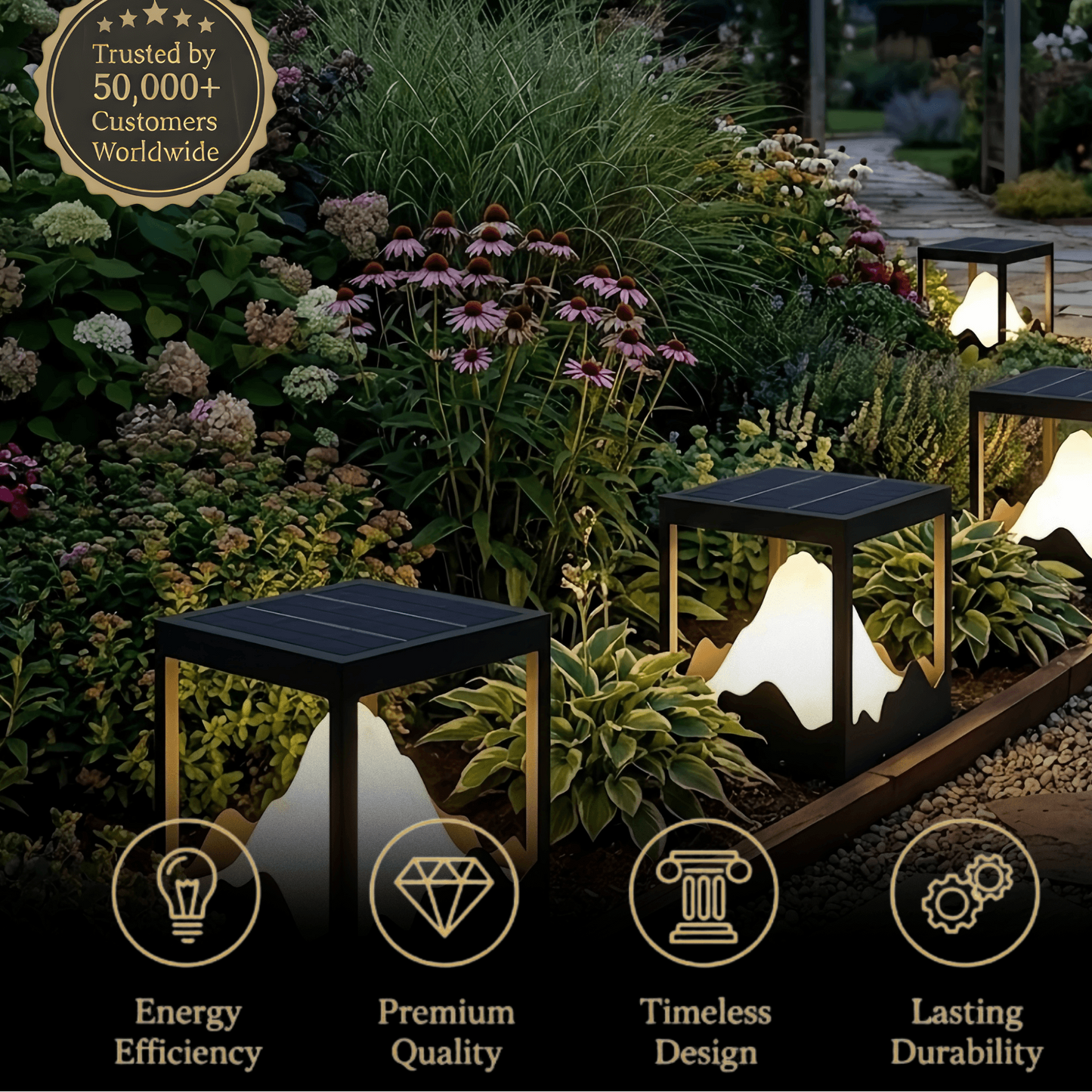 Lunara Designer Metal Outdoor Path Lamp - Black Square Mountain Shape Garden/Pillar Lights