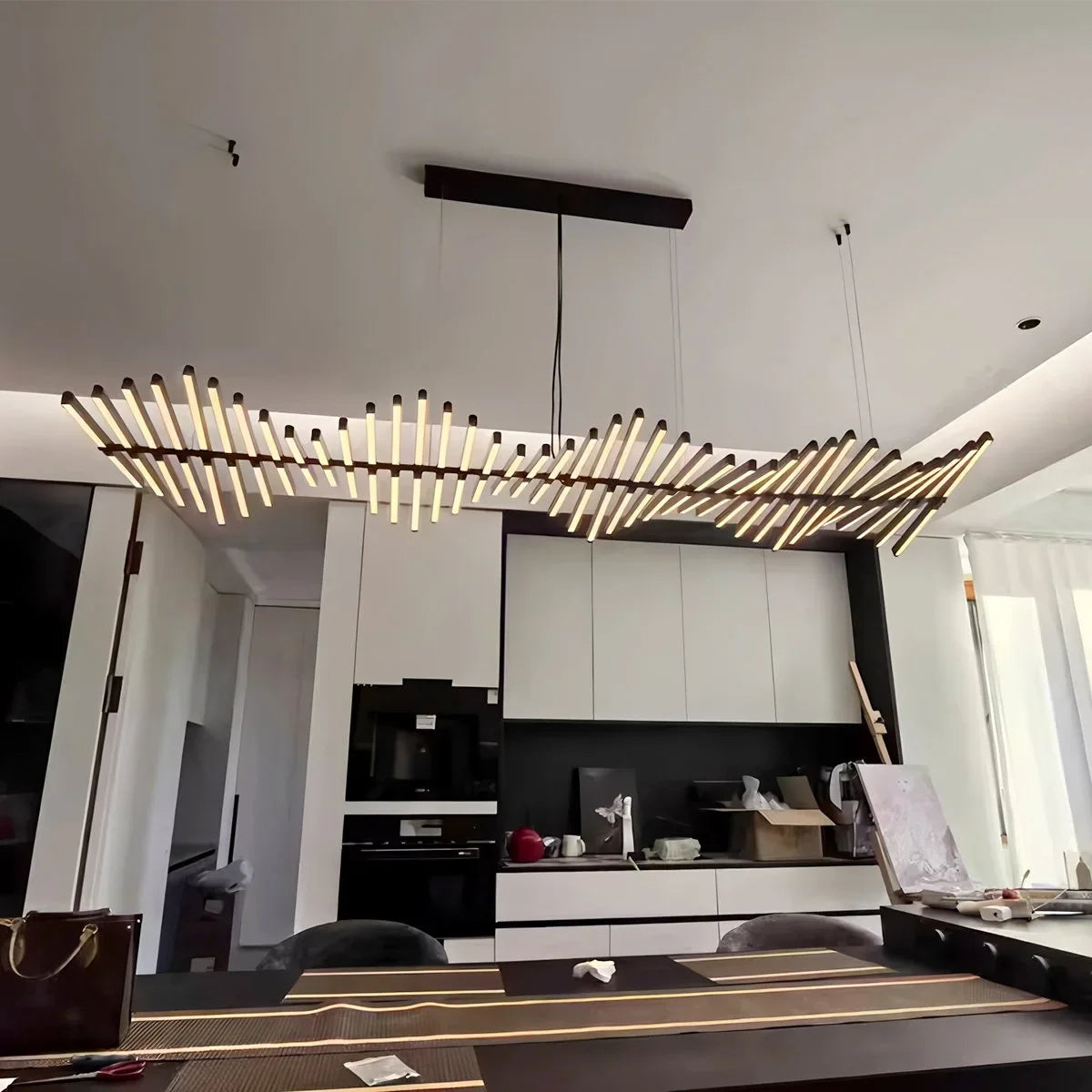 Modern Fishbone Linear Chandelier - Industrial Multi-Light Pendant for Dining Table & Island