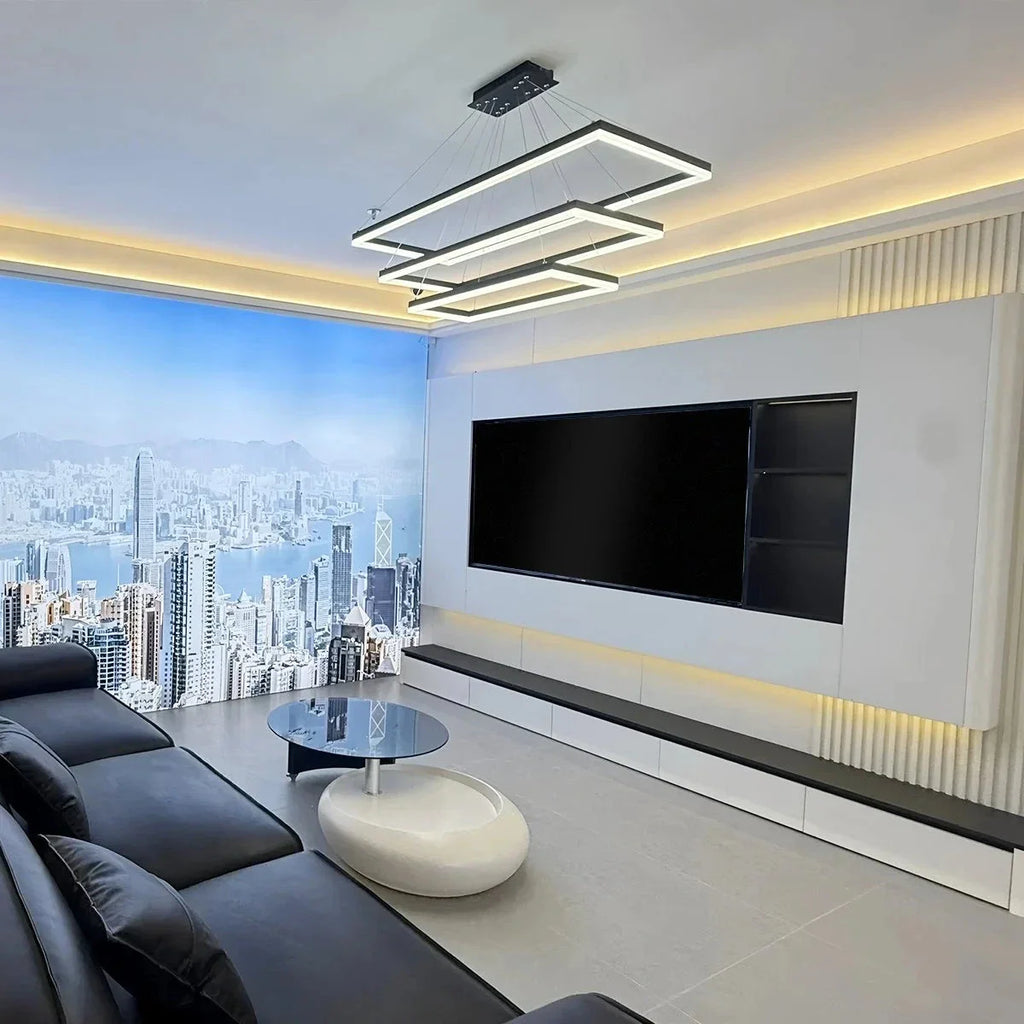 Modern Black Rectangular Chandelier - Tiered Linear Pendant Light for Dining Table & Island