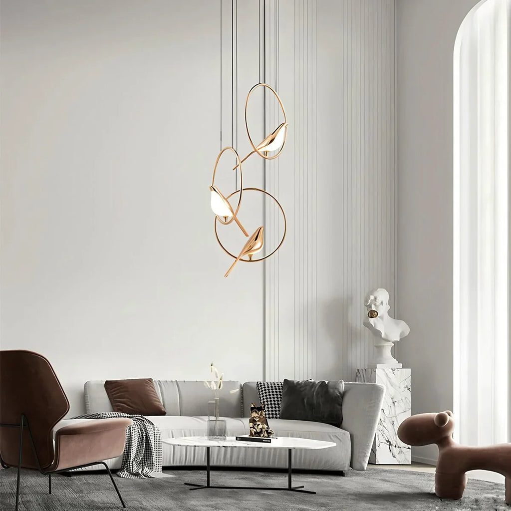 Modern Gold Bird Chandelier - Artistic Flying Swallows LED Pendant for High Ceiling & Living Room