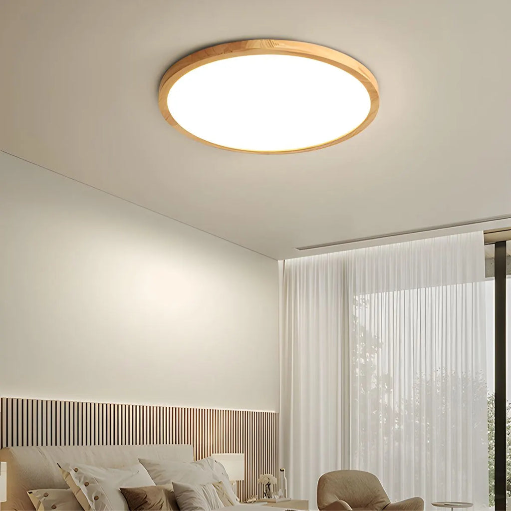 Nordic Wood Halo Ceiling Light - Japandi Round LED Flush Mount for Bedroom & Nursery