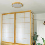 Nordic Wood Halo Ceiling Light - Japandi Round LED Flush Mount for Bedroom & Nursery
