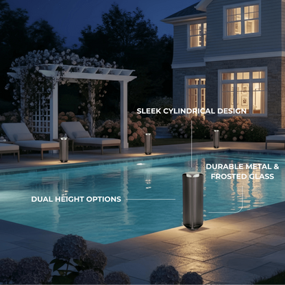 Stellar Modern Cylindrical Outdoor Floor Lamp – Black or Grey Metal & Glass Fixture