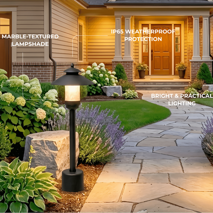Irondale Modern Hooded Outdoor Pathway Light - Black Metal/Marble for Lawn