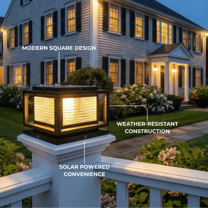 Arcato Modern LED Outdoor Pillar Lights - Black Metal/Glass Solar Rectangular Garden