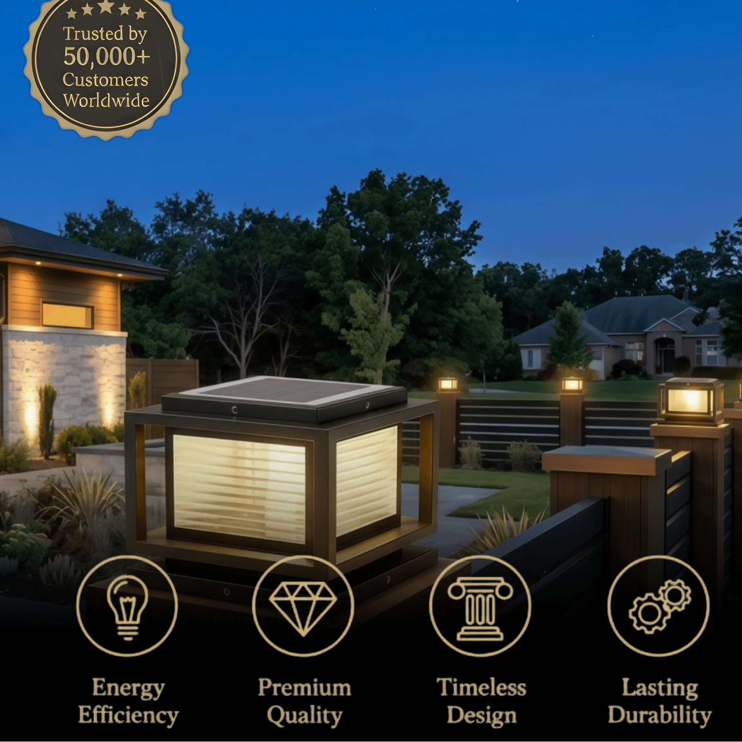 Arcato Modern LED Outdoor Pillar Lights - Black Metal/Glass Solar Rectangular Garden