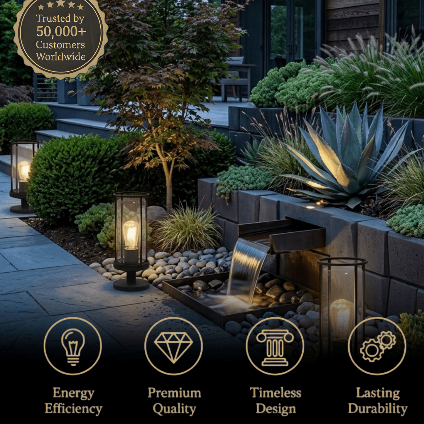 Vetro Modern Metal Outdoor Pillar Light/Pathway Light - Black Lantern Shape, Cylindrical