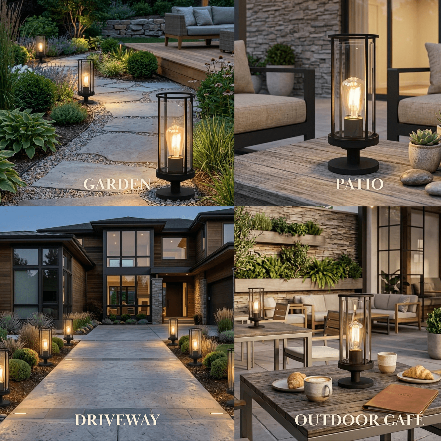 Vetro Modern Metal Outdoor Pillar Light/Pathway Light - Black Lantern Shape, Cylindrical