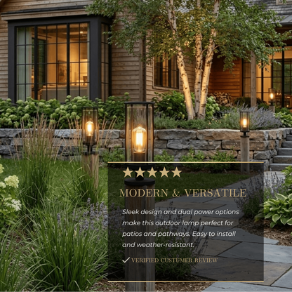 Vetro Modern Metal Outdoor Pillar Light/Pathway Light - Black Lantern Shape, Cylindrical