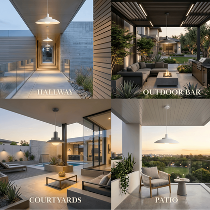 Irondale Modern Outdoor Pendant Light - Grey/White Metal Hooded Design for Courtyard