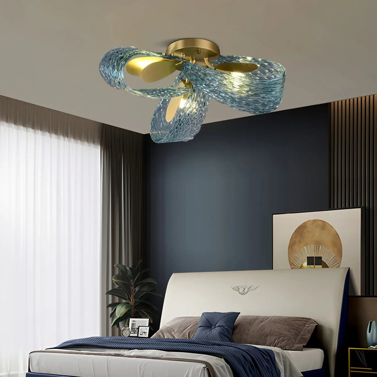 Blue Rippled Glass Chandelier for Dining Room