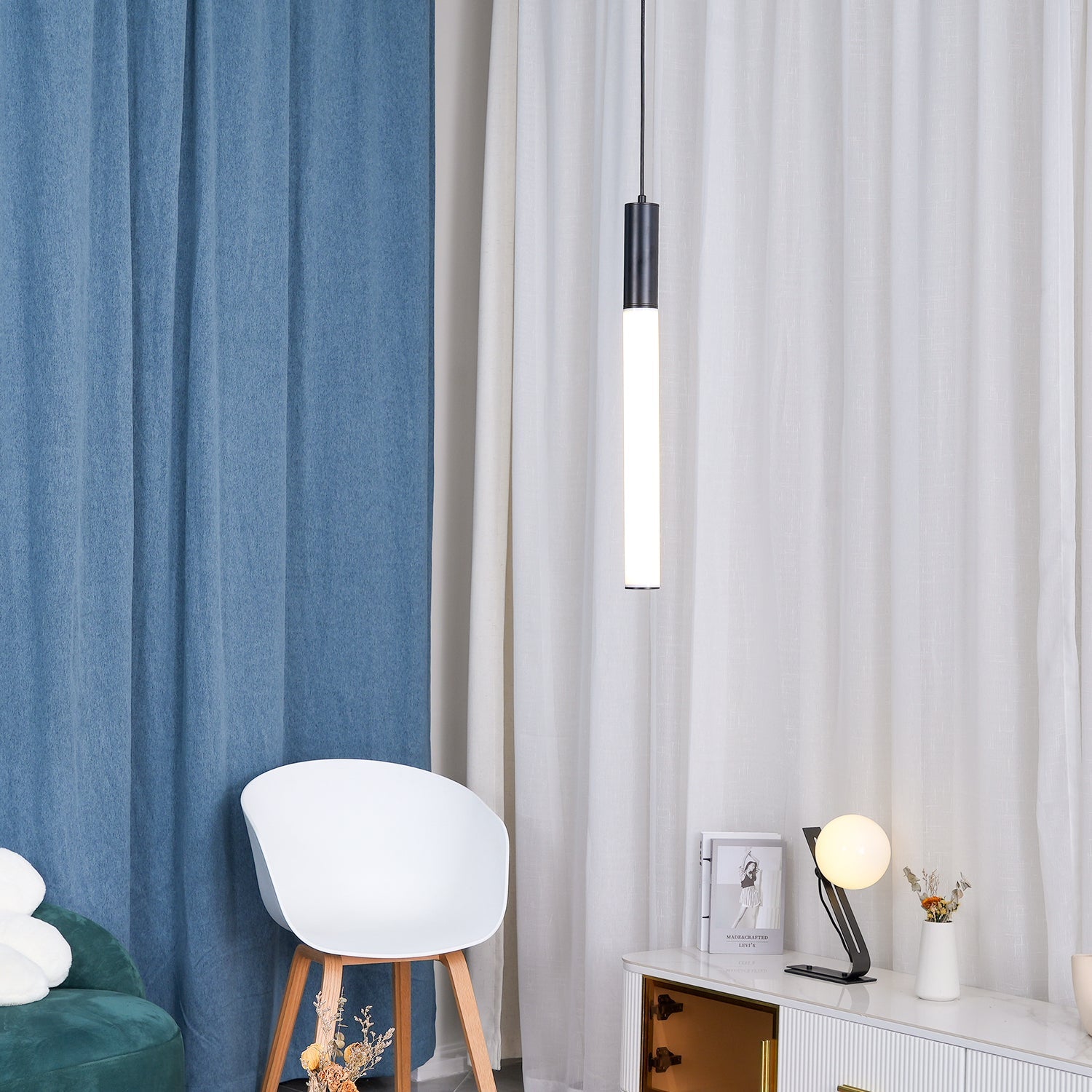 Eclat Cylindra Modern Pendant Light - Slim Gold Cylinder Hanging Lamp for Kitchen Bar & Island
