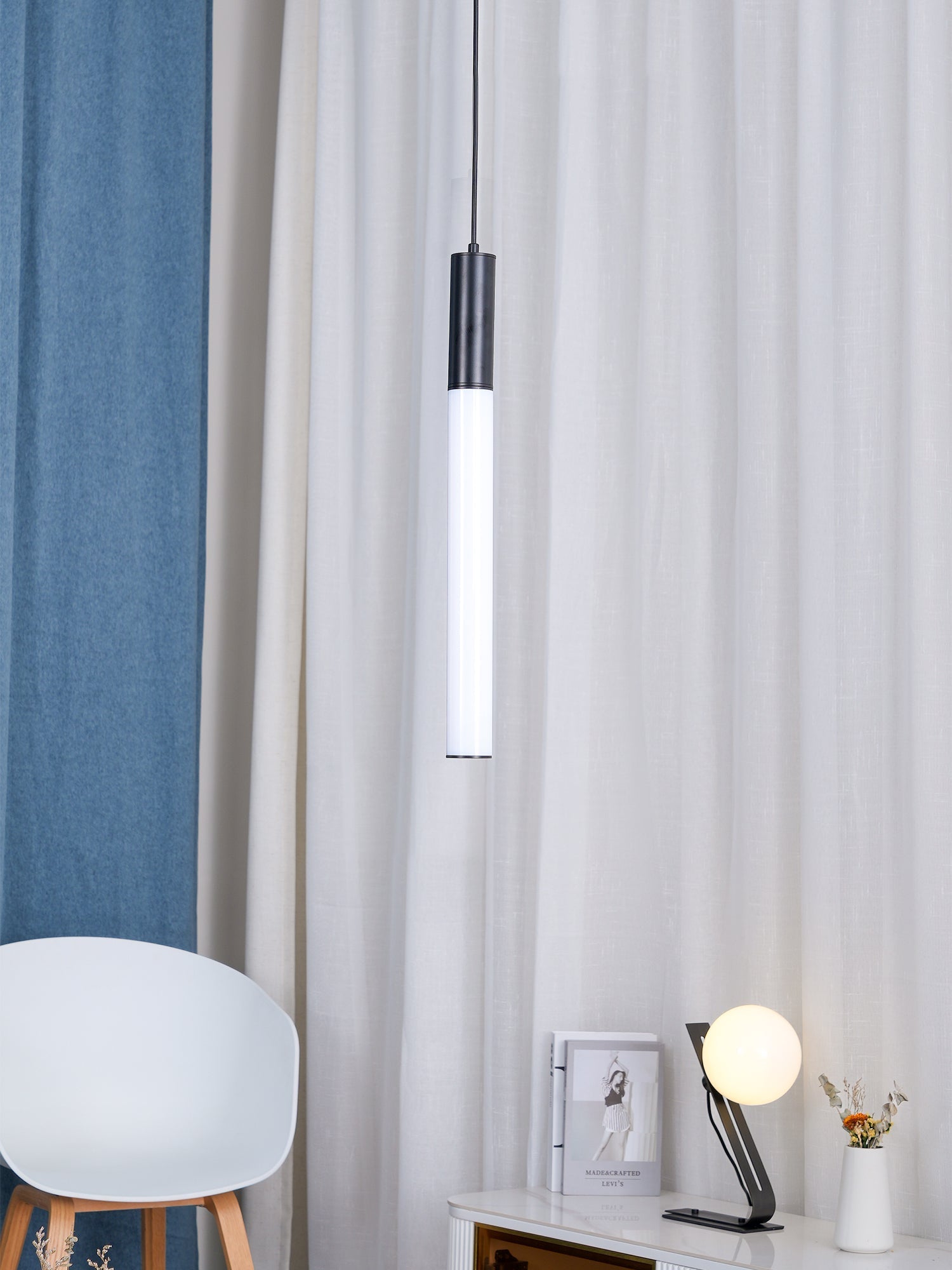 Eclat Cylindra Modern Pendant Light - Slim Gold Cylinder Hanging Lamp for Kitchen Bar & Island