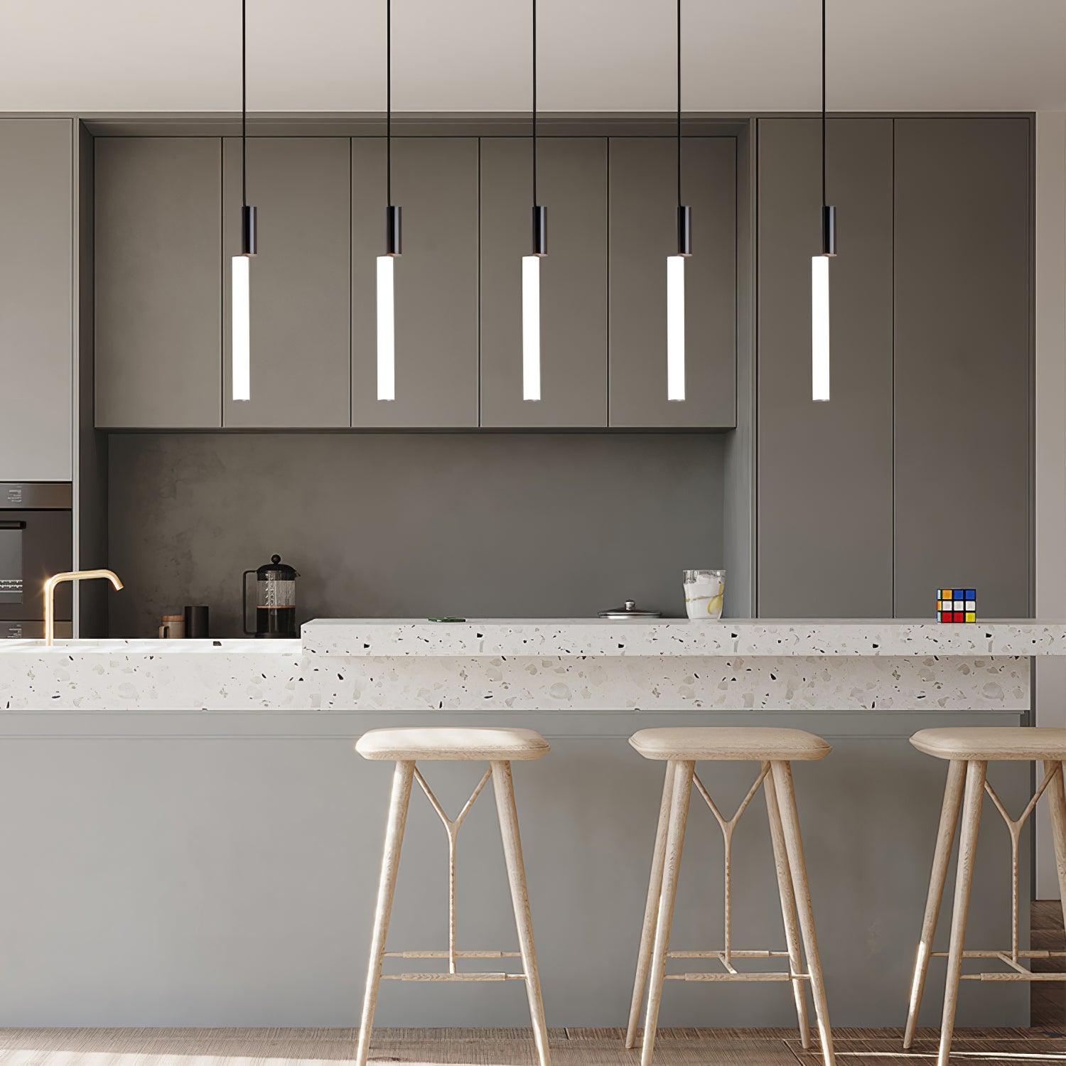 Eclat Cylindra Modern Pendant Light - Slim Gold Cylinder Hanging Lamp for Kitchen Bar & Island