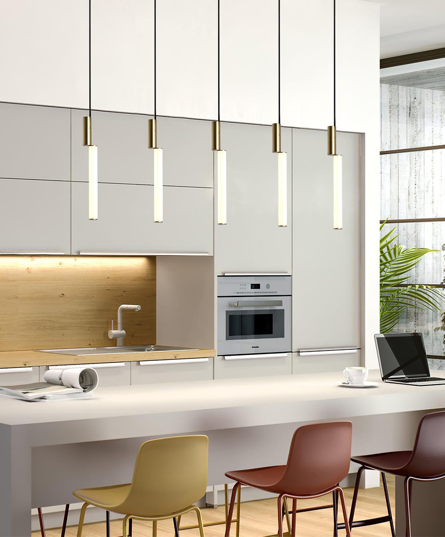 Eclat Cylindra Modern Pendant Light - Slim Gold Cylinder Hanging Lamp for Kitchen Bar & Island
