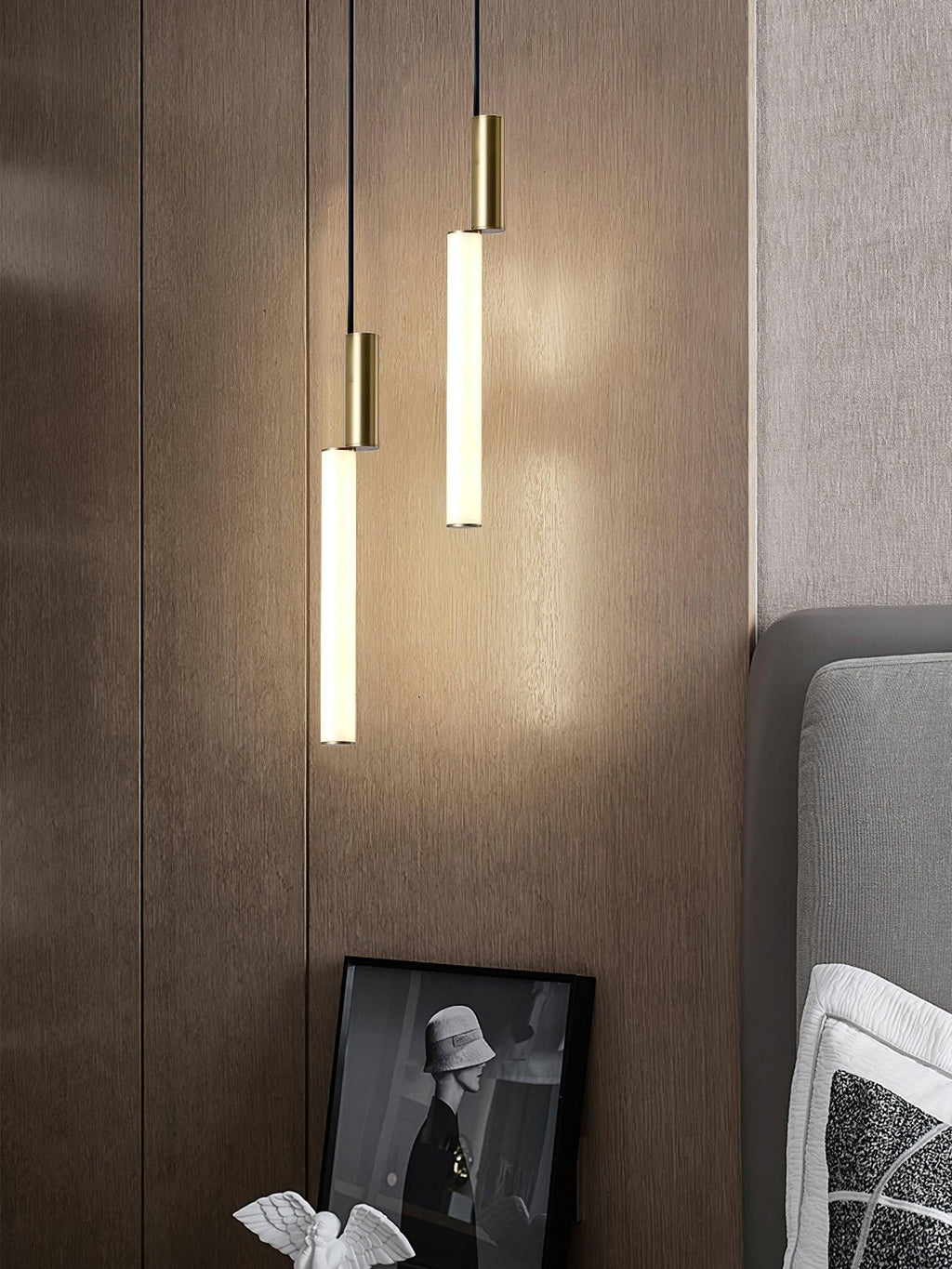 Eclat Cylindra Modern Pendant Light - Slim Gold Cylinder Hanging Lamp for Kitchen Bar & Island