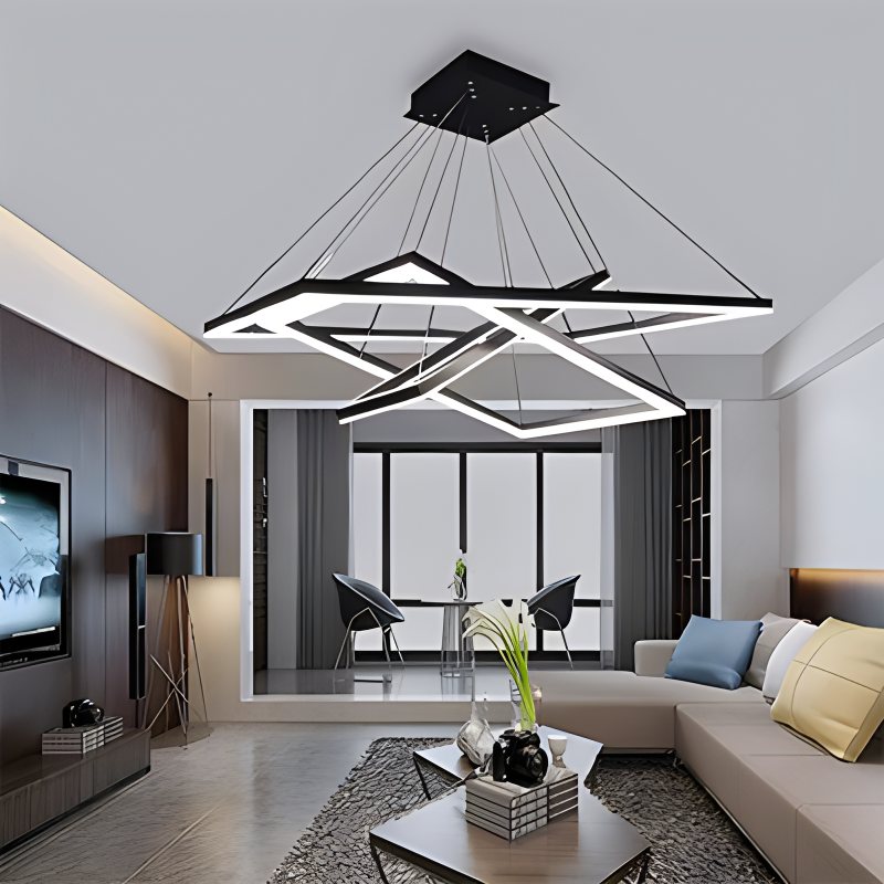 Modern Black Rectangular Chandelier - Tiered Linear Pendant Light for Dining Table & Island