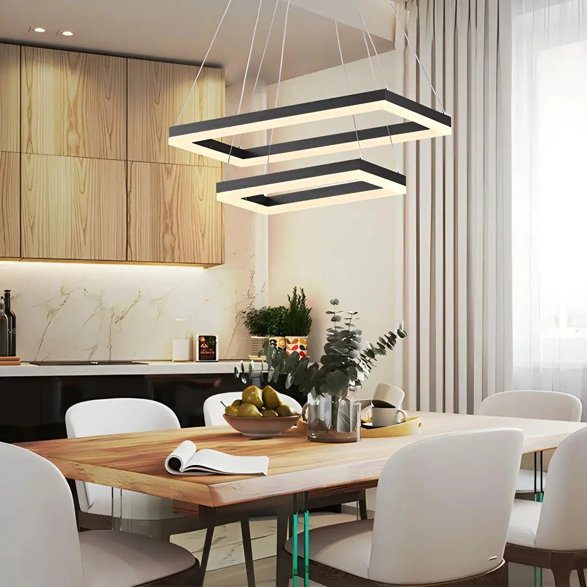 Modern Black Rectangular Chandelier - Tiered Linear Pendant Light for Dining Table & Island