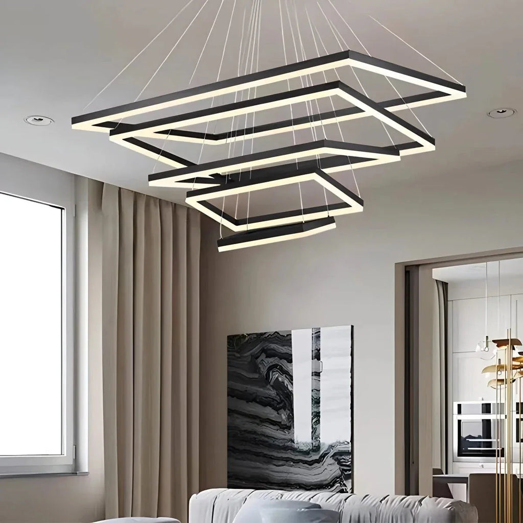 Modern Black Rectangular Chandelier - Tiered Linear Pendant Light for Dining Table & Island