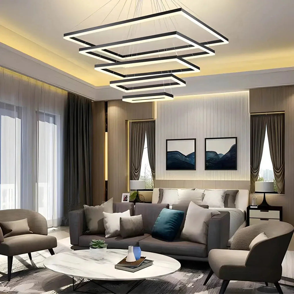 Modern Black Rectangular Chandelier - Tiered Linear Pendant Light for Dining Table & Island