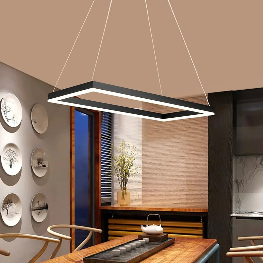 Modern Black Rectangular Chandelier - Tiered Linear Pendant Light for Dining Table & Island