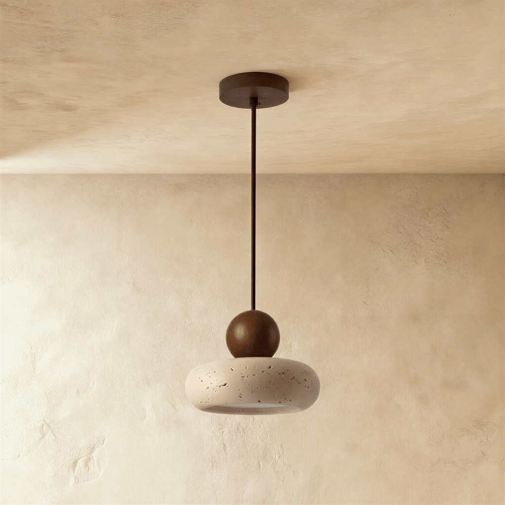nuvlight Aren Modernist Travertine and Wood Sculptural Pendant Light
