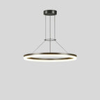 "A modern ring chandelier with a lit ring against a grey background."